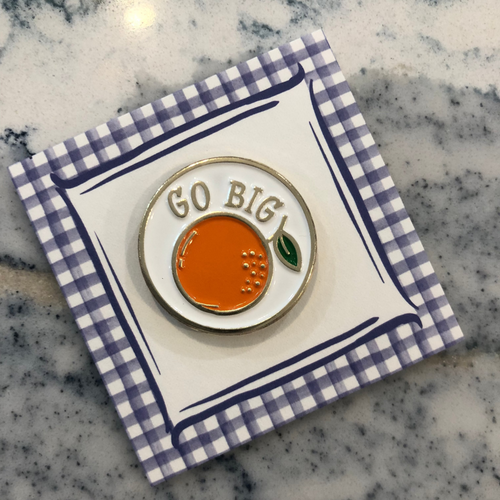 Pin with 'GO BIG ORANGE' text needle minder