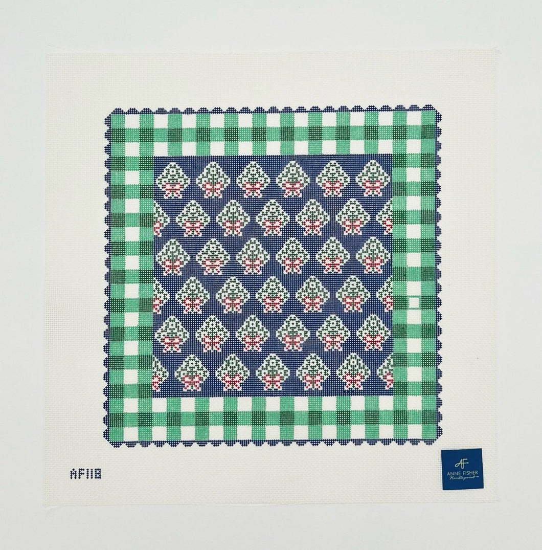 Blue Holiday Pillow w/Green Gingham